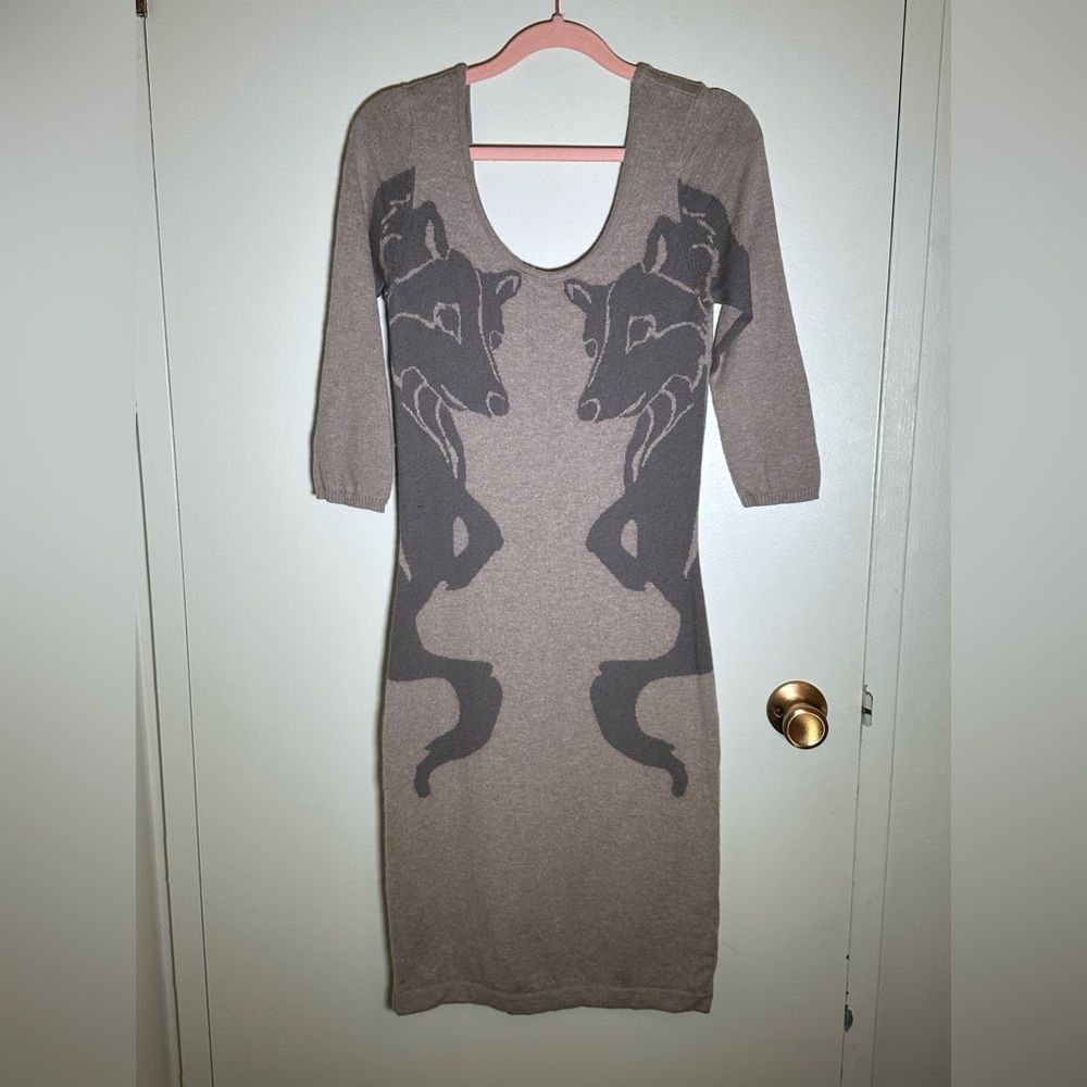 Bar III Women Dress swoop neck midi size small 3/4 sleeve rabbit hair fox print